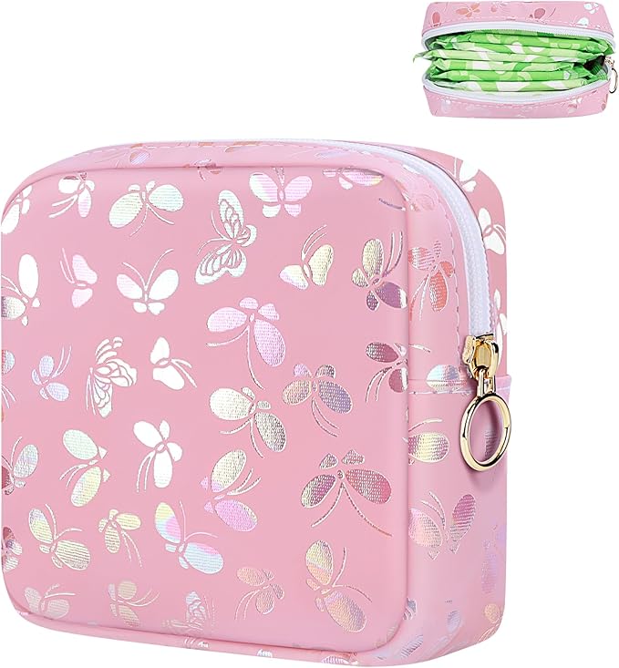 Likesing Period Bag Pouch, Leather Sanitary Napkin Storage Bag for Girls Womens, Portable Sanitary Napkin Period Pad Pouch Bag for Purse, Small Make Up Bags(Pink Butterflies)