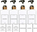 EZPRO USA Empty Plastic Square Bottles Pump Shampoo Conditioner Body Wash Face, in Shower Bathroom Dispenser, Waterproof Permanent Labels, 27oz 800ml Set of 4 (White Plastic, Gold Black Pump)