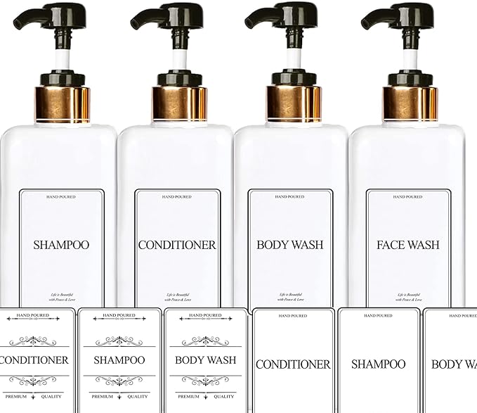 EZPRO USA Empty Plastic Square Bottles Pump Shampoo Conditioner Body Wash Face, in Shower Bathroom Dispenser, Waterproof Permanent Labels, 27oz 800ml Set of 4 (White Plastic, Gold Black Pump)