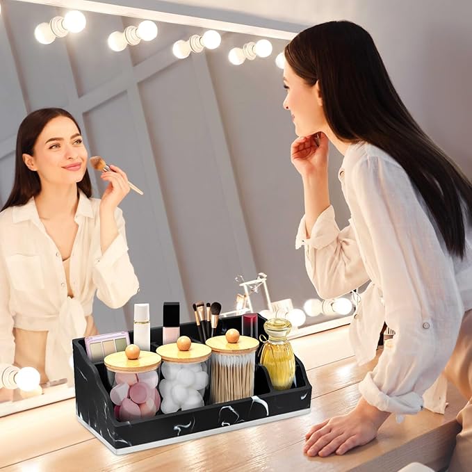 Bathroom Counter Organizer, Black Marble Toothbrush Holders for Bathrooms Organizer Countertop with 3PCS Qtip Holder, Toothbrush and Toothpaste Holder for Bathroom Organization Storage Vanity