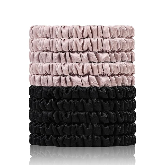 22 Momme 100% Pure Mulberry Silk Scrunchies (10 PCS) - Small Hair Elastics and Ties for Women Sleep, Hair Care No Damage, Black*5+Lotus Pink*5