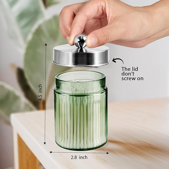 Amolliar Sage Green Qtip Holder, Glass Apothecary Jar Metal Lid & Sticker, Bathroom Qtip Dispenser Storage Canister, Perfect for Cotton Balls, Swabs, Round Pads, Bath Salt, Floss,Brushed Nickel 2 Pack