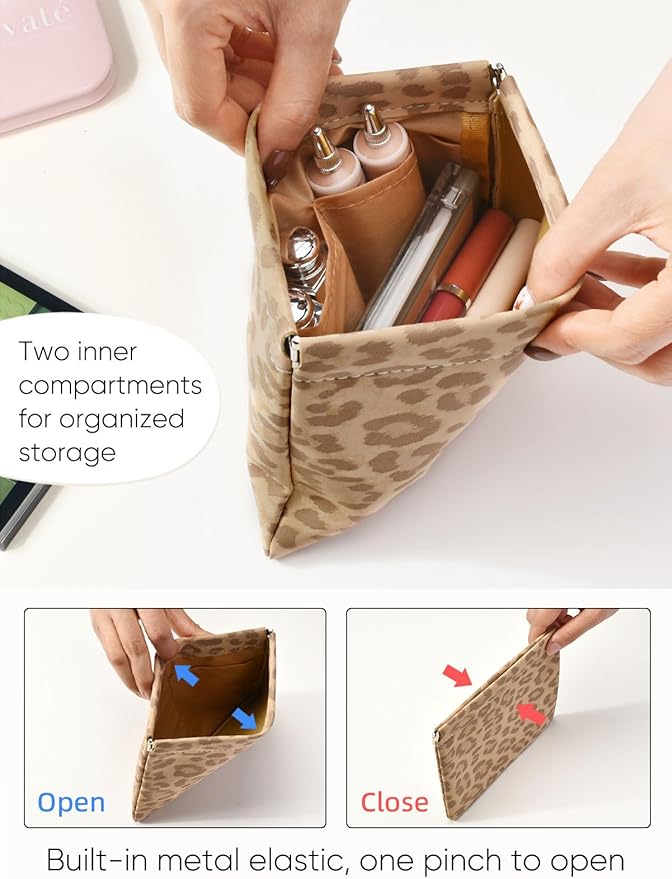 Ksriylm Leopard Leather Small Makeup Pouch for Women,Cosmetic Accessories,Waterproof and Portable Cosmetic Bag,Self-closing, No Zipper, Aesthetic Storage Pouch,Lipstick for Purse,Camel Color