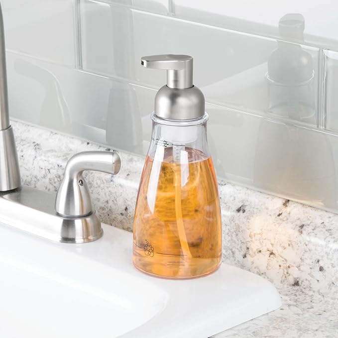 iDesign Foaming Soap Dispenser for Kitchen, Bathroom, Sink, Vanity, 3" x 3" x 7.5", Clear and Brushed Nickel