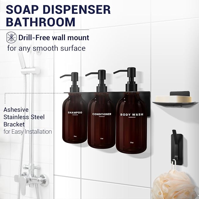 KLL Shampoo and Conditioner Dispenser - Wall Mounted Shower Soap Dispenser - 17oz No-Drill Refillable Plastic Pump Bottles for Bathroom - Includes Soap Dish & Hook (Brown)