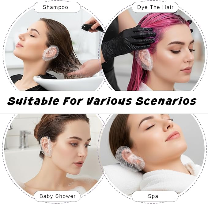 200Pcs Disposable Ear Covers for Shower, Lightweight Disposable Ear Covers for Hair Dye, Clear Plastic Ears Caps with Soft Elastic, for Hair Colouring and Beauty Treatments, Travel-Ready Carry