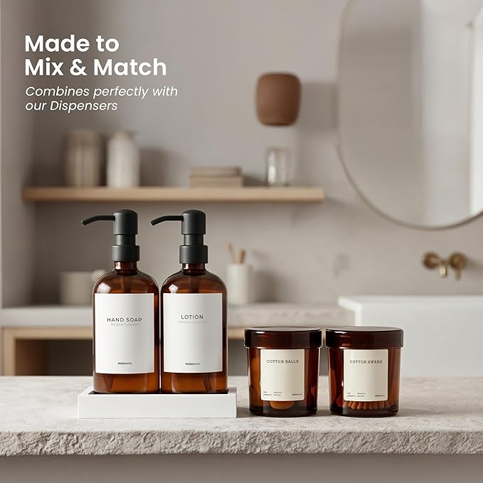 MaisoNovo Qtip Holder Bathroom Set – Airtight Glass Qtip Holder with Lid to Store Q Tips, Cotton Rounds, Cotton Balls, Floss Picks, Hair Ties with free labels pack - 2 Amber Jars with Glass Lids
