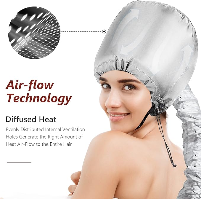 Safety Portable Hair Dryer Bonnet Attachment for Hair Styling, Adjustable Chin Strap and Side Fitting Drawstring Hood Dryers for Hair Home