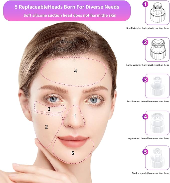 Blackhead Remover Vacuum with Microbubble Cleaning, Facial Pore Extractor & Pro Cleanser Tool, 3 Suction Levels, 5 Replaceable Heads for Deep Cleansing & Skin Care
