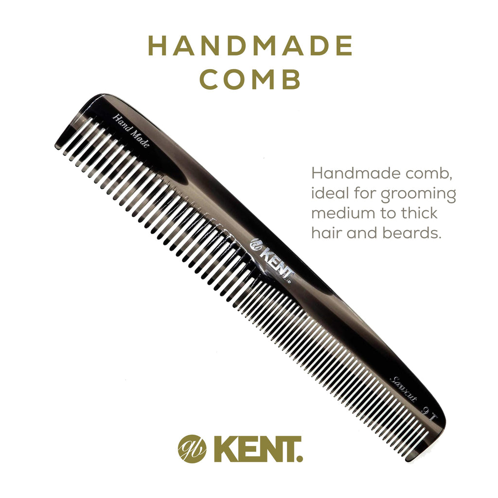 Kent 9T Black Graphite Fine Tooth and Wide Tooth Comb Detangler Hair Combs - Large Handmade and Saw-Cut Dressing Combs - Wet Hair Comb for Women and Durable Grooming for Men Made in England