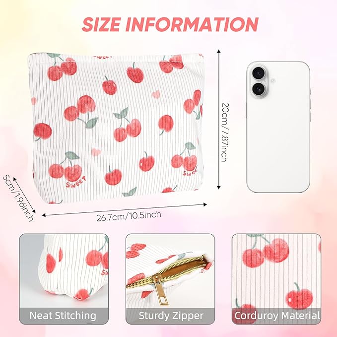 Ksriylm Cute Makeup Pouch for Women Cherry Small Make Up Bag for Purse Zipper Initial Cosmetic Bags Pouches for Purse Aesthetic Travel Toiletrybags, Red Cherries