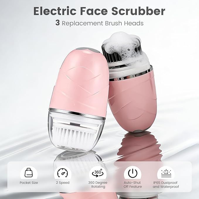 DOCOCO Facial Cleansing Brush, Mini Electric Face Scrubber, Waterproof Face Exfoliator Brush for Deep Cleansing, Portable Face Wash Brush for Travel, Easy to Carry, with 3 Brushheads for Women Mom Men