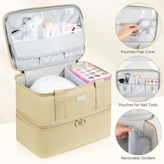Nail Polish Organizer and Storage,Double-Layer Nail Supplies Carrying Case Bag for 40 Bottles (15ml-0.5 fl.oz) and a Lamp,Portable Nails Polish Holder for Nails Supplies,Khaki