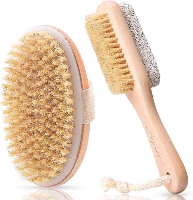 LAYUKI Body Brush for Dry or Wet Brushing and 2-Sided Foot File Scrubber Set, Exfoliating Skin, Cellulite Treatment, Foot File Scrubber with Pumice Stone