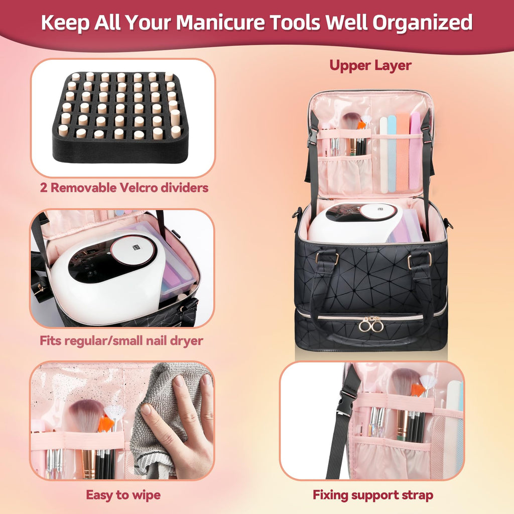 SIYNPAV Nail Polish Organizer Bag Holds 126 Bottles (15ml/0.5fl.oz)& Nail Lamp, 3 Layers Detachable Nail Kit Storage Case PU Leather, Large Travel Nail Supplies Shoulder Bag for Manicure Tools (Black)