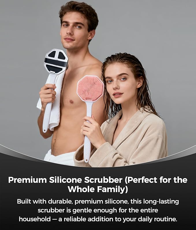 Silicone Body Scrubber with Long Handle, 2 Pack Soft Bristles Lathers Easily for Gentle Exfoliating & Deep Clean, Rich Foam, Durable Back Bath Brush (Black + Pink)