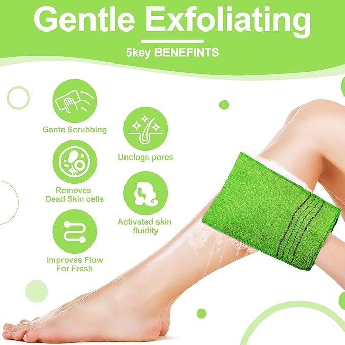 Tatuo 12 Pack Korean Exfoliating Mitt & Cloth, Viscose Rayon Dead Skin Remover Washcloth, Multi Color Body Scrub Towel for Shower Spa Travel(Small,Yellow, Green, Blue, Pink)