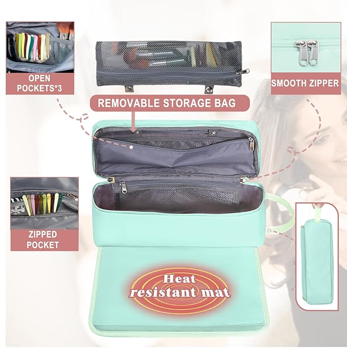 FAMOPLAY Hair Tools Travel Bag with Heat Resistant Mat Hair Styling Accessories Storage Case for Hair Dryer Flat Iron Straightener Curling Iron Haircare Accessories Travel Essentials for Women