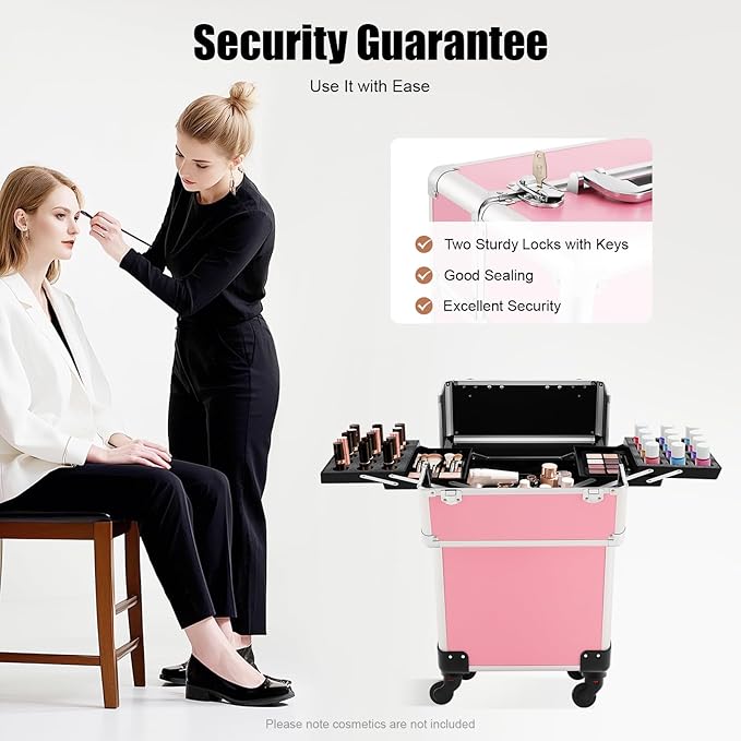 KHROOLT Rolling Makeup Train Case, Large Aluminum Alloy Cosmetic Trolley Case with Wheels & Retractable Handle, Lockable Storage for Makeup Artists, Lash Techs, Travel, Pink
