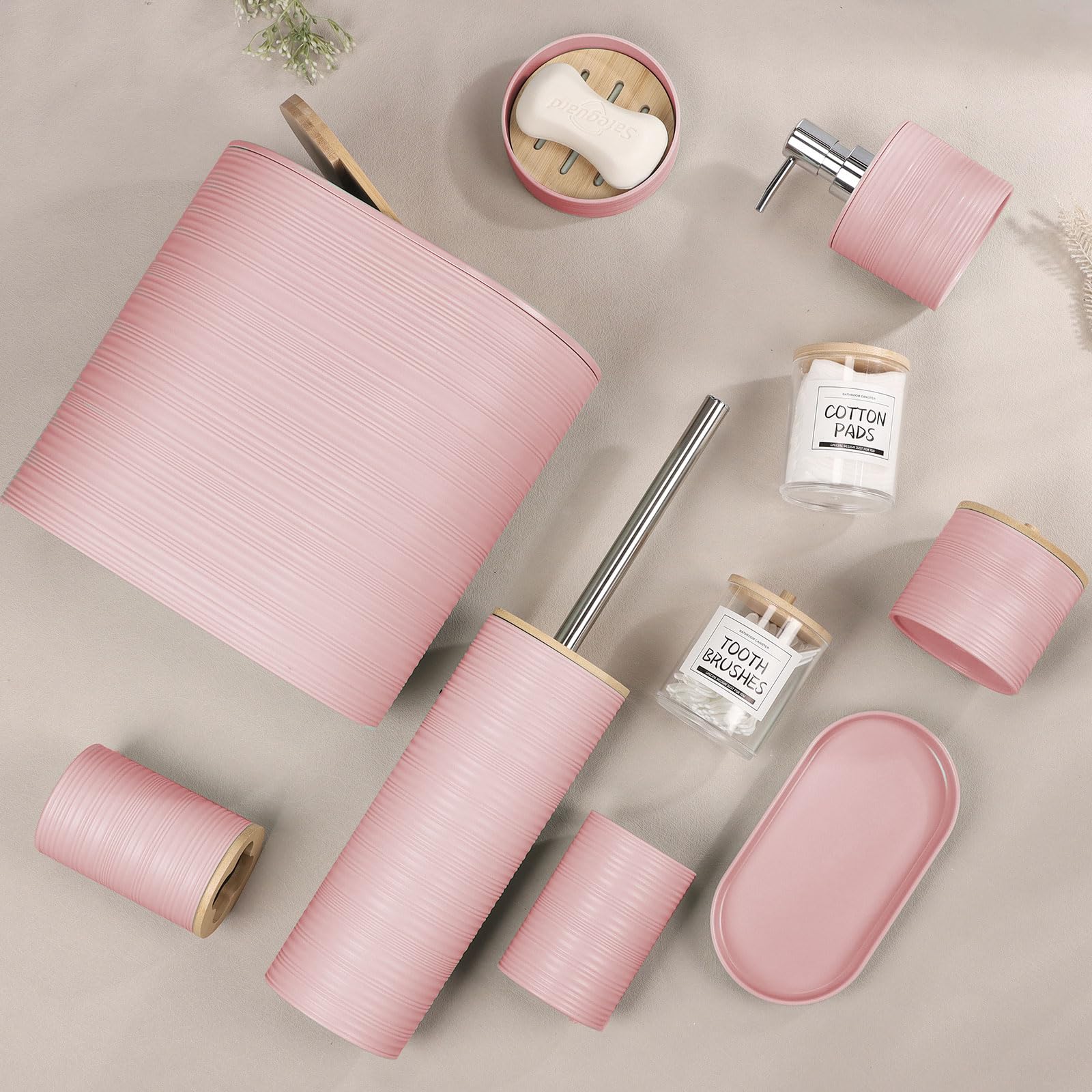 IMAVO Bathroom Accessory Set-11Pcs Pink Bathroom Accessories Set with Trash Can,Soap Dispenser,Soap Dish,Toothbrush Holder,Toothbrush Cup,Toilet Brush Holder,Qtip Holder Dispenser with Labels