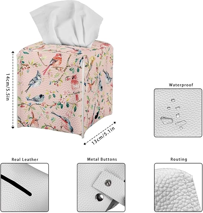 Bird Flowers Tissue Box Holder, PU Leather Square Napkin Cover with Metal Button, Waterproof Tissue Organizer for Nightstand, Dining Table, Office Desk, and Car Interior