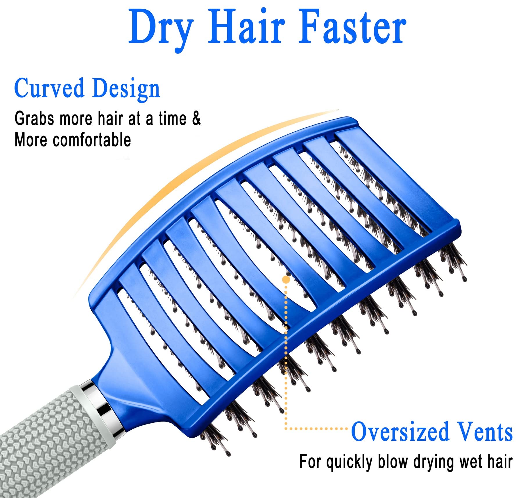 KTKUDY Detangling Brush Boar Bristles Hairbrush Make Hair Shiny & Healthier Curved and Vented Detangler Brush for Women Men Kids Wet and Dry Hair (Blue)