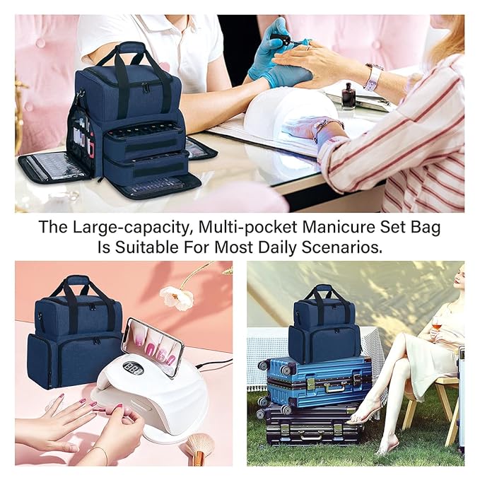 Nail Polish Organizer Holds 80 Bottles & Nail Art Lamp, Portable Large Capacity Storage with 2 Removable Storage Bags Store Nail Art Tools, Suitable for Manicurists and Manicure Enthusiasts(Blue)