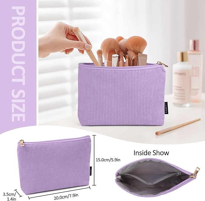 MAGEFY Small Makeup Bag for Purse Corduroy Makeup Bag with Inner Zipper Pockets Travel Cosmetic Bag for Women Preppy Stuff Gifts for Her, Purple