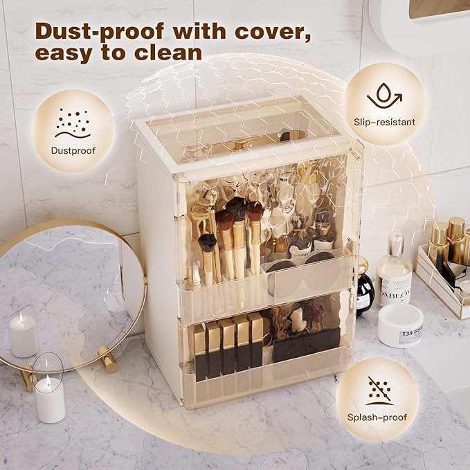 AERCIINC Makeup Organizer with Drawers and Lid, Large Skincare Organizer for Vanity, Dustproof Cosmetic Organizer and Makeup Storage Box with Brush Holder for Dresser, Bathroom Countertop