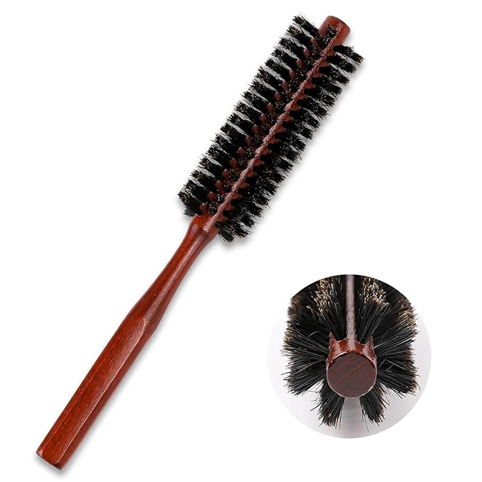 Small Boar Bristle Hair Brush, Portable Round Natural Bristle Travel Brush with Wood Handle for Thin or Short Hair, Adding Volume, Mini Beard Brush for Men