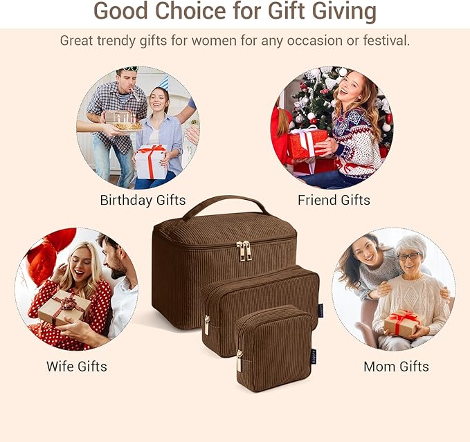 MAGEFY Makeup Bag, 3 Pcs Cosmetics Bag Large Capacity with Handle Make Up Bag for purse Corduroy Bag Pouch for Purse Organizer Bag-Brown