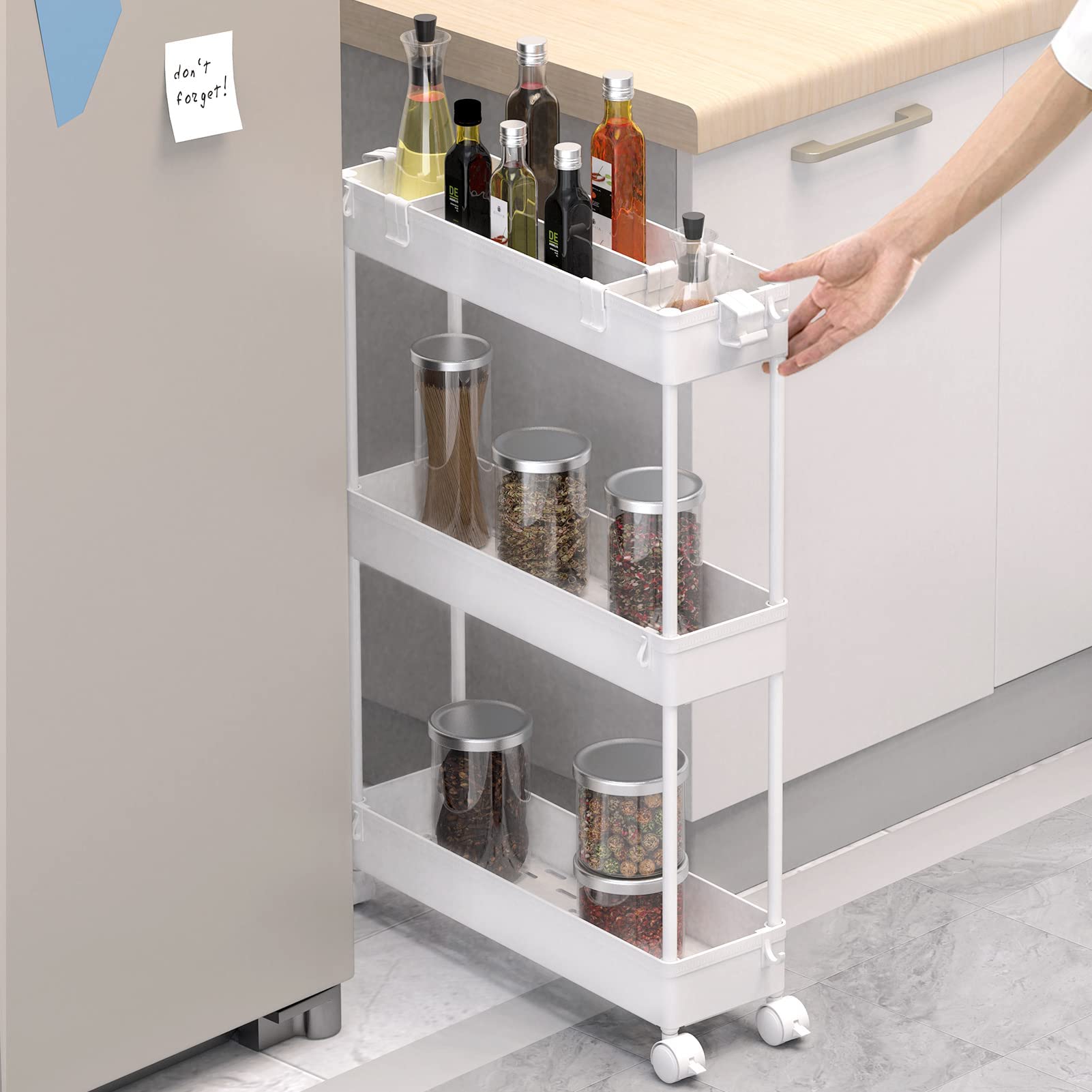 SPACELEAD Slim Storage Cart 3 Tier,Bathroom Organizer Rolling Utility, Mobile Shelving Unit Slide Out for Office, Kitchen, Laundry Room & Narrow Places,White
