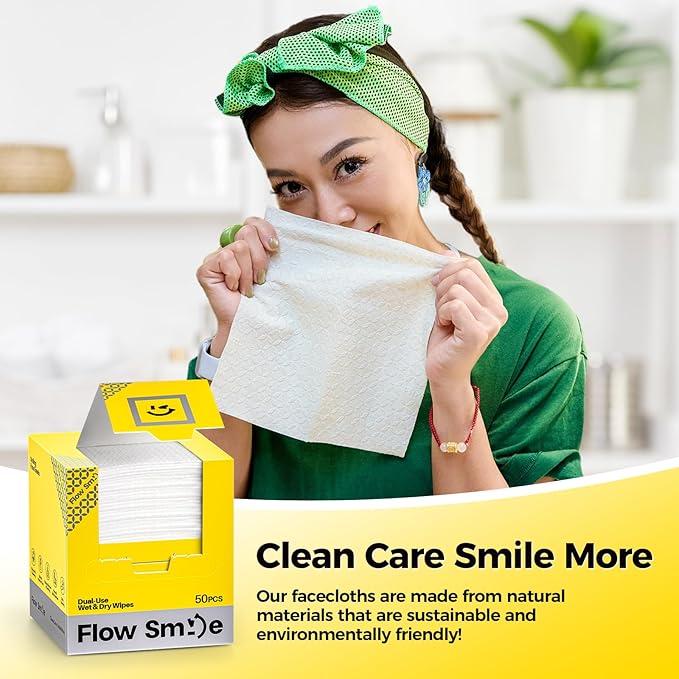 Face Towels, Disposable Clean Towels, Extra Thick, Hypoallergenic for Sensitive Skin, Unscented Lint-Free, Dry Wipes for Cleansing & Makeup, Dual-Textured AB Sides, Travel, 50 Counts (1 Pack)