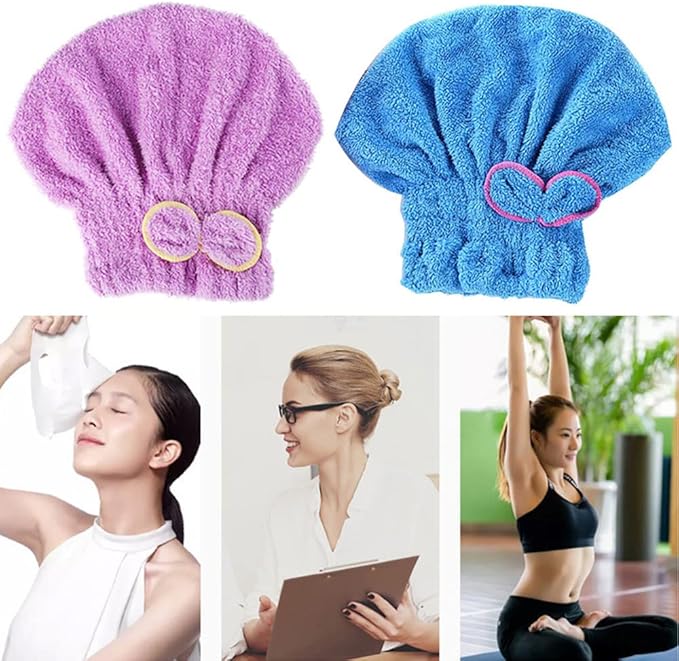 LNJBABAO 2 Pcs Microfiber Hair Drying Towels, Ultra Absorbent Cap Bowknot Turban for Women Adults or Girls, Multicolour