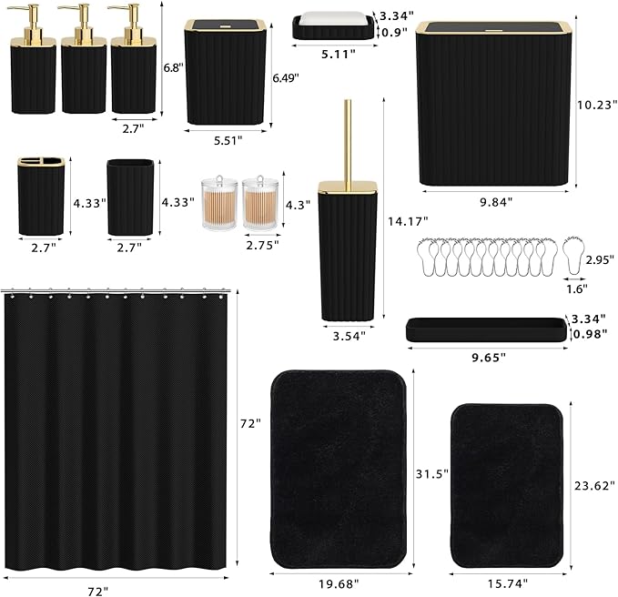 InnJoey Bathroom Accessory Set - Bathroom Set, 27PC Bathroom Accessories Set, Black Bathroom Sets with Shower Curtain and Rugs, Mini Trash Can, Toilet Brush, Trash Can & Soap Dispenser