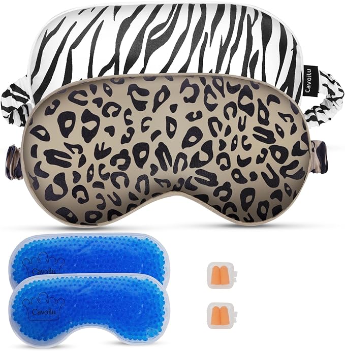 Cavoilu Sleep mask w/Cooling Gel Eye Mask, 2Packs Heated Eye Mask for Sleeping, Reusable Ice Silk Blackout Eye Cover Sleeping Mask for Travel, Home, Office, Yoga, Stocking Stuffers (Zebra+Leopard)