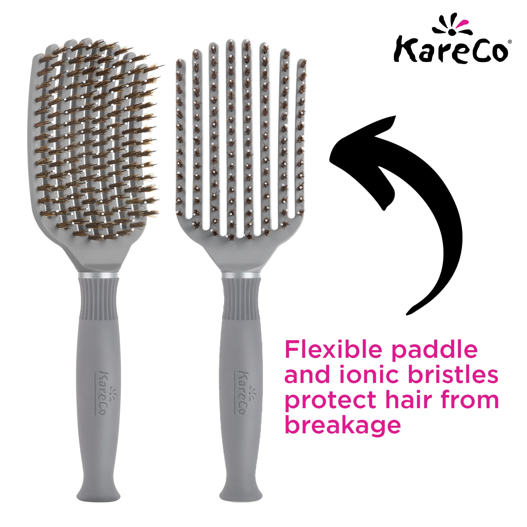 KareCo Premium Tangle Buster Brush – Travel Detangling Hair Brush with Non-Slip Rubber Handle & Soft Nylon Bristles, Wet & Dry Hair Detangler for All Types, Gray