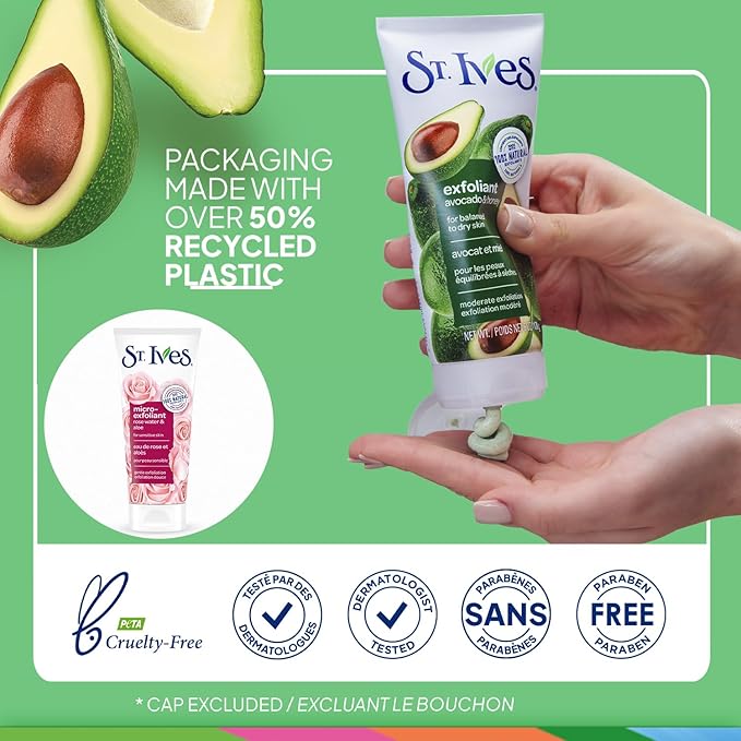 St. Ives Face Scrub, Exfoliant Variety 2-Pack – Avocado & Honey + Rose Water & Aloe Vera Microexfoliant for Balanced, Dry & Sensitive Skin