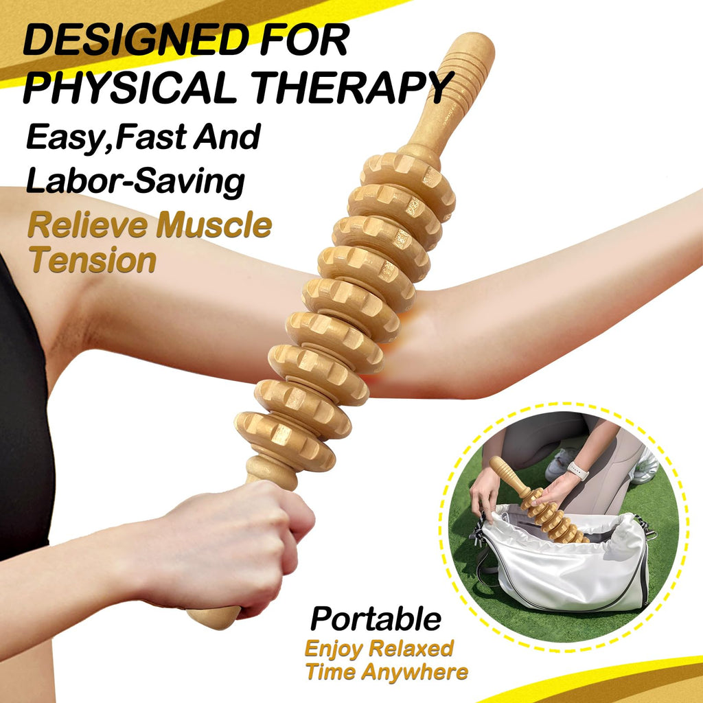 Deston Manual Massager Wooden Handheld Roller Trigger Point Massager Stick for Fascia, Cellulite, Muscle & Abdomen, Body Therapy Massager, Muscle Belly Relief Tool, Natural Wood