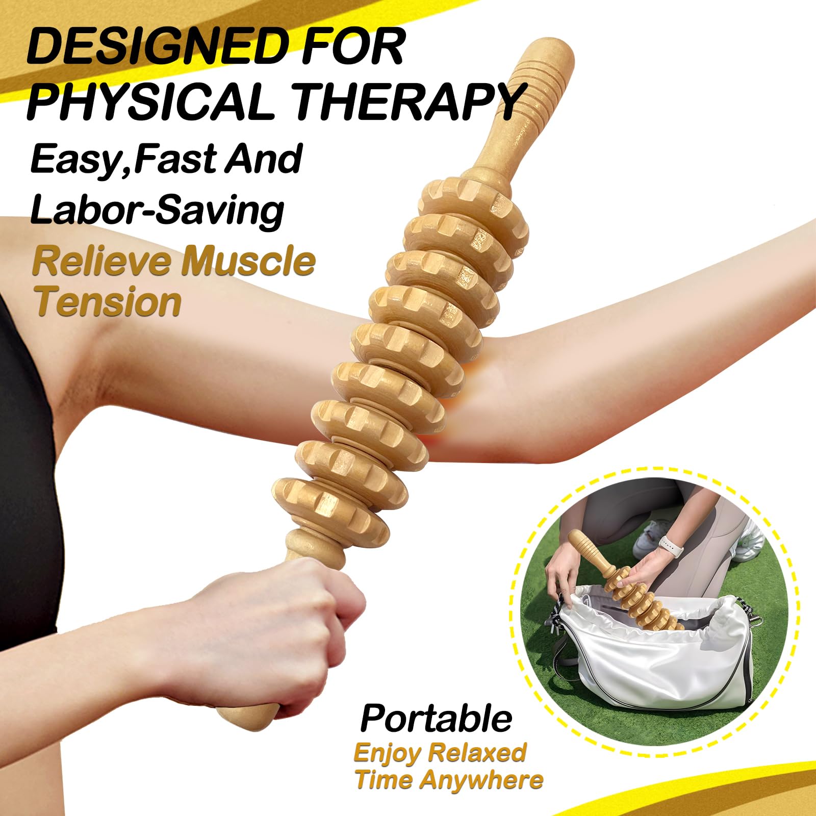 Deston Manual Massager Wooden Handheld Roller Trigger Point Massager Stick for Fascia, Cellulite, Muscle & Abdomen, Body Therapy Massager, Muscle Belly Relief Tool, Natural Wood