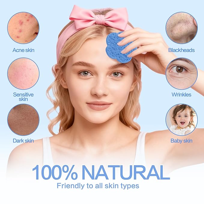 100-Count Facial Sponges Compressed Facial Sponges Natural Facial Cleansing Sponges Pads Cute Flower Shape Exfoliating Sponges for Cleansing Reusable,Best Makeup Gift, Blue