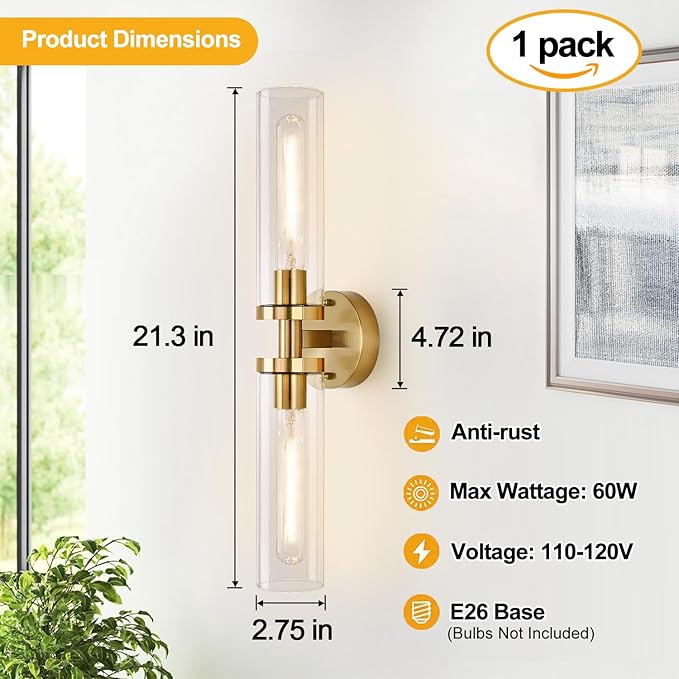 Brushed Gold Wall Sconces, Hardwired Bathroom Sconces Wall Lighting with Clear Glass, Modern Sconces Wall Light fixtures for Bathroom Mirror Living Room Hallway Bedroom