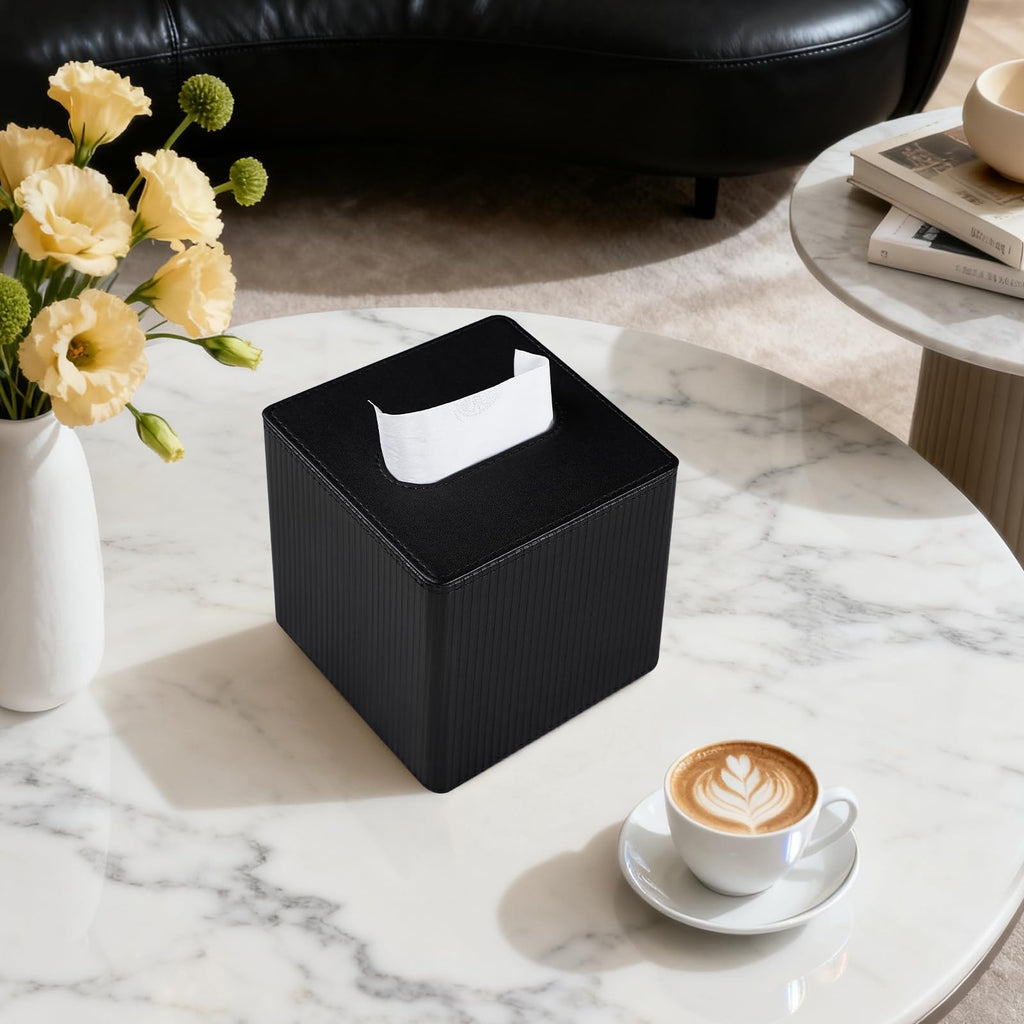 Cretkhp PU Leather Square Tissue Box Cover Tissue Box Holder Cube (Black)