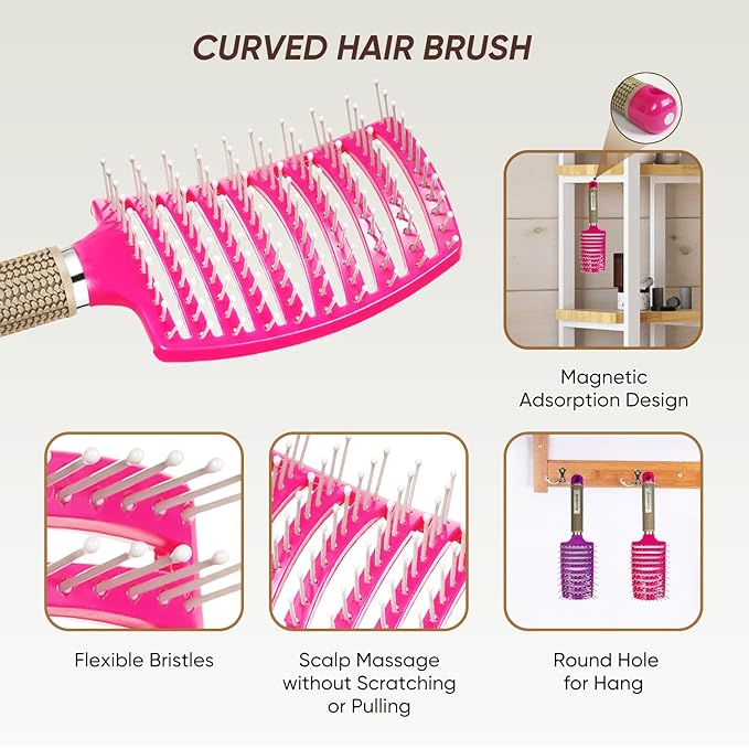 Kertiberif 2 Pack Curved Vented Detangling Brush for Wet and Dry Hair, Paddle Styling Hair Brush for Faster Blow Drying, Detangler Brush for Women Men Curly Thick Hair
