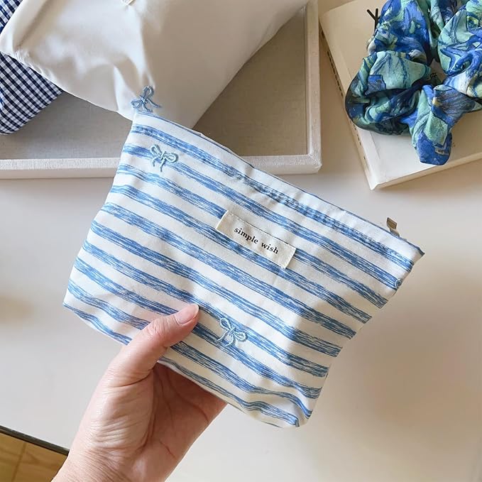 Wudygirl Makeup Bag Travel Cosmetic Bag for Women Small Makeup Pouch with Handle Zipper Cosmetic Pouch Handbag Aesthetic 8.3" x 5.9"(Striped Bow)