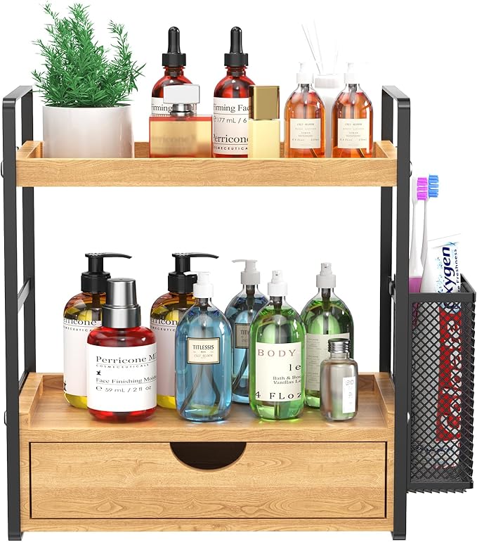 LEMIKKLE 2-Tier Wood Bathroom Counter Organizer with Basket,Waterproof Vanity Perfume Skincare Storage for Bathroom, Kitchen, Dresser