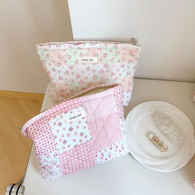 Sminra Quilted Floral Makeup Bag for Women, Cotton Cosmetic Pouch with Zipper, Slim Travel Toiletry Organizer for Makeup, Skincare and Daily Essentials Organizer (Pink Floral-L)