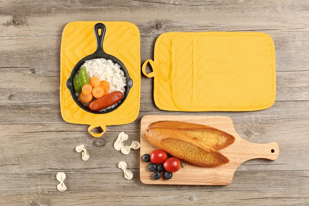 VEIKERY Oven Pot Holder with Pocket Cotton Heat Resistant Coaster Potholder Kitchen Hot Pad Oven Mitts for Cooking Square 7"x9"Set of 5 (Yellow)