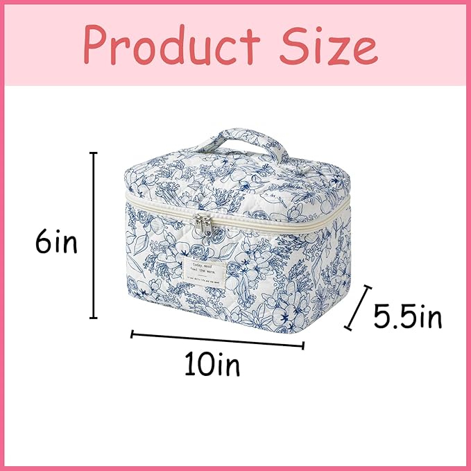 uekeboag Large Travel Quilted Makeup Bag for Women, Floral Cotton Cosmetic Bag, Coquette Aesthetic Floral Toiletry Organizer Bag(Navyblue-Flower