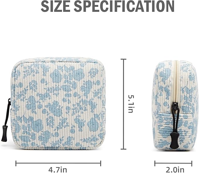 ZOEMTIU Small Makeup Bag for Purse,Mini Cosmetics Bag cute Zipper corduroy Cosmetic Pouch Storage Pouch Travel Toiletry Organizer for Women Girls(Plants Blue)